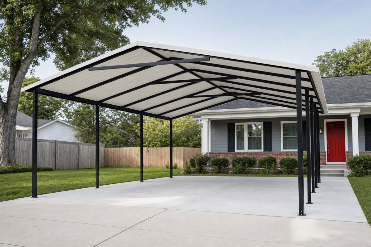 Metal Building Cost by Use: Garage, Shop, Barn, Warehouse, and Home 5 Steel carport with an angled roof sheltering a vehicle on a gravel pad