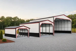 Three metal carports of increasing size lined up on a gravel lot, from single-vehicle to large commercial