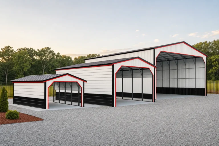 Three metal carports of increasing size lined up on a gravel lot, from single-vehicle to large commercial