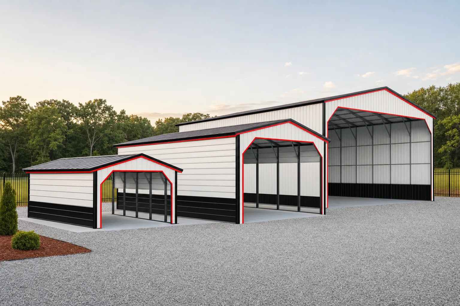 Three metal carports of increasing size lined up on a gravel lot, from single-vehicle to large commercial