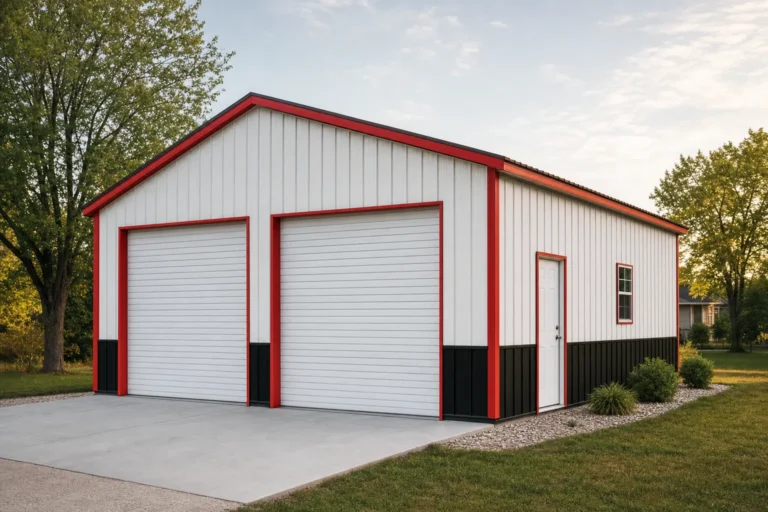 A two-car metal garage with white panels, black wainscot, and red trim on a concrete slab