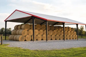 An open-sided metal hay barn with round bales stacked three high on a gravel pad