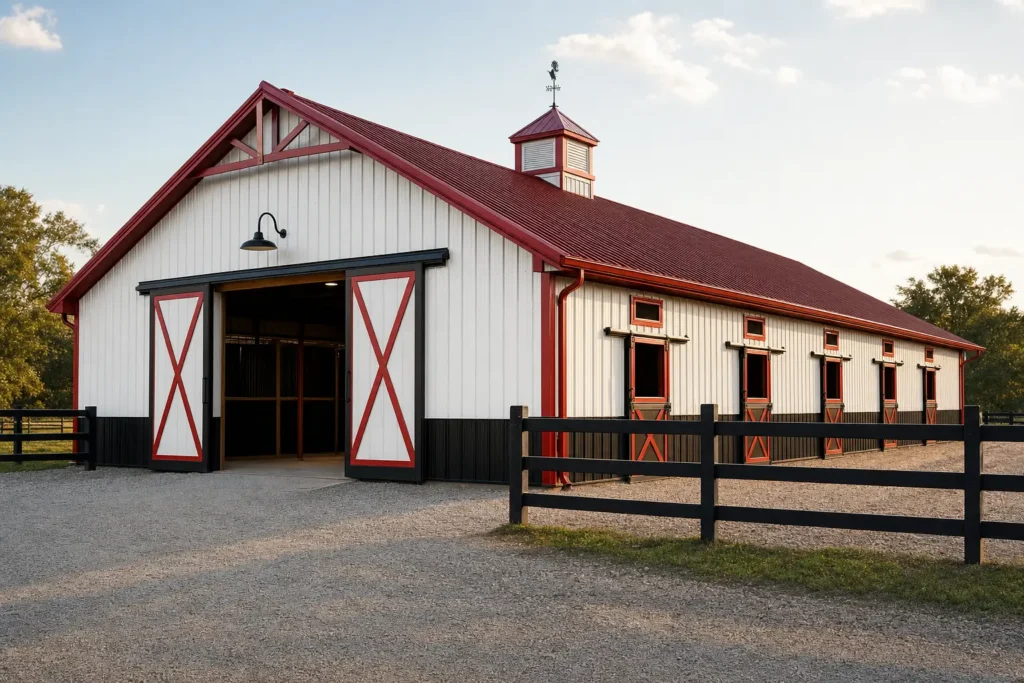 White metal horse barn with black wainscot, red trim, and a row of Dutch stall doors along the sidewall