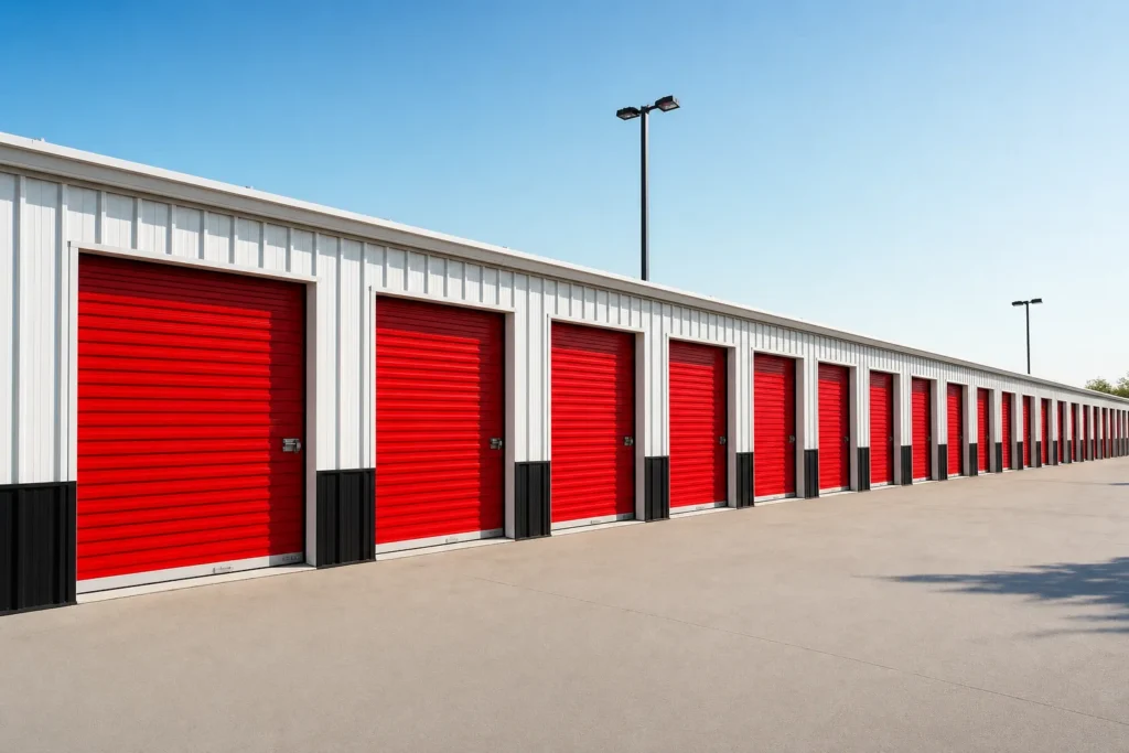 Long white metal self-storage building with a row of red roll-up unit doors facing a paved drive aisle