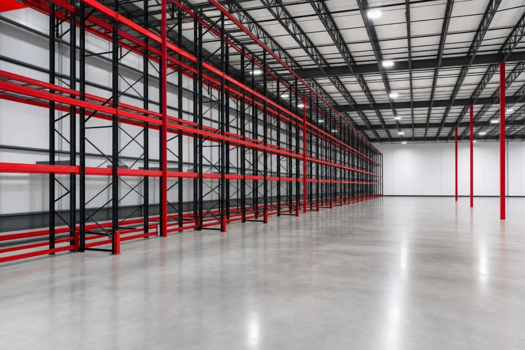 Clear-span metal warehouse interior with tall pallet racking and bright high-bay lighting
