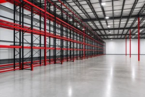 Clear-span metal warehouse interior with tall pallet racking and bright high-bay lighting