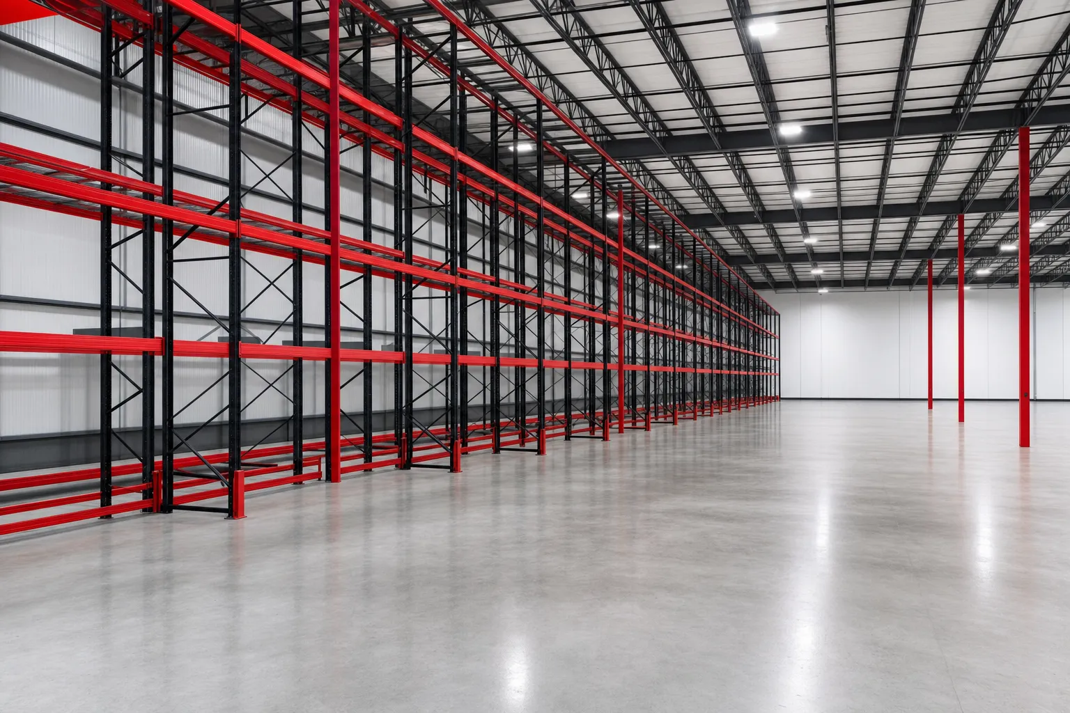 Clear-span metal warehouse interior with tall pallet racking and bright high-bay lighting