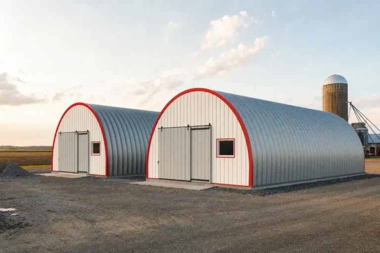 Two galvanized steel quonset hut arch buildings side by side on a farm with framed end walls