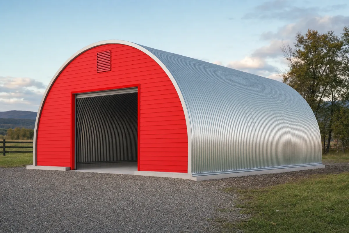 A galvanized steel quonset hut with an arched profile standing on a rural building site