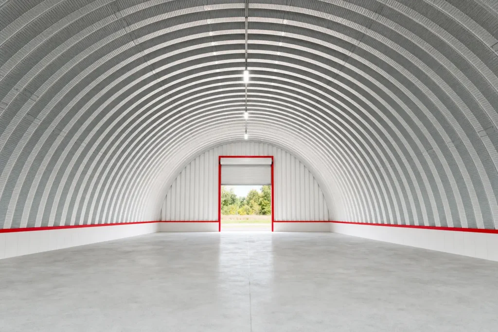 Quonset Hut Cost Per Square Foot: What Changes the Final Price 17 Interior of an empty steel quonset hut looking down the arch toward an end wall roll-up door