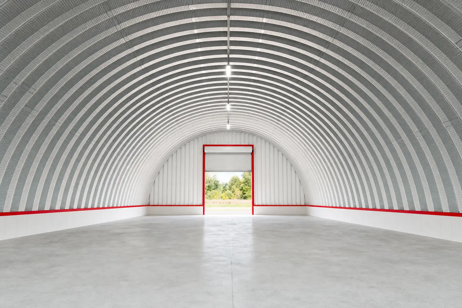 Interior of an empty steel quonset hut looking down the arch toward an end wall roll-up door