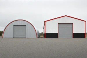 A galvanized quonset arch hut beside a red iron rigid frame building on a shared gravel yard