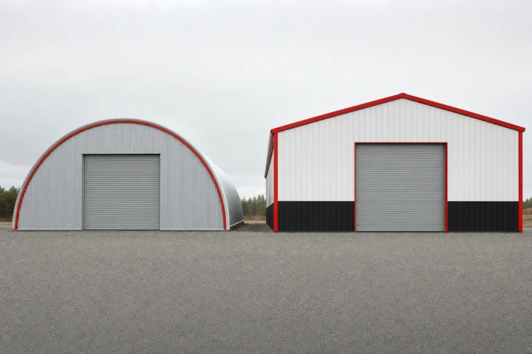 A galvanized quonset arch hut beside a red iron rigid frame building on a shared gravel yard