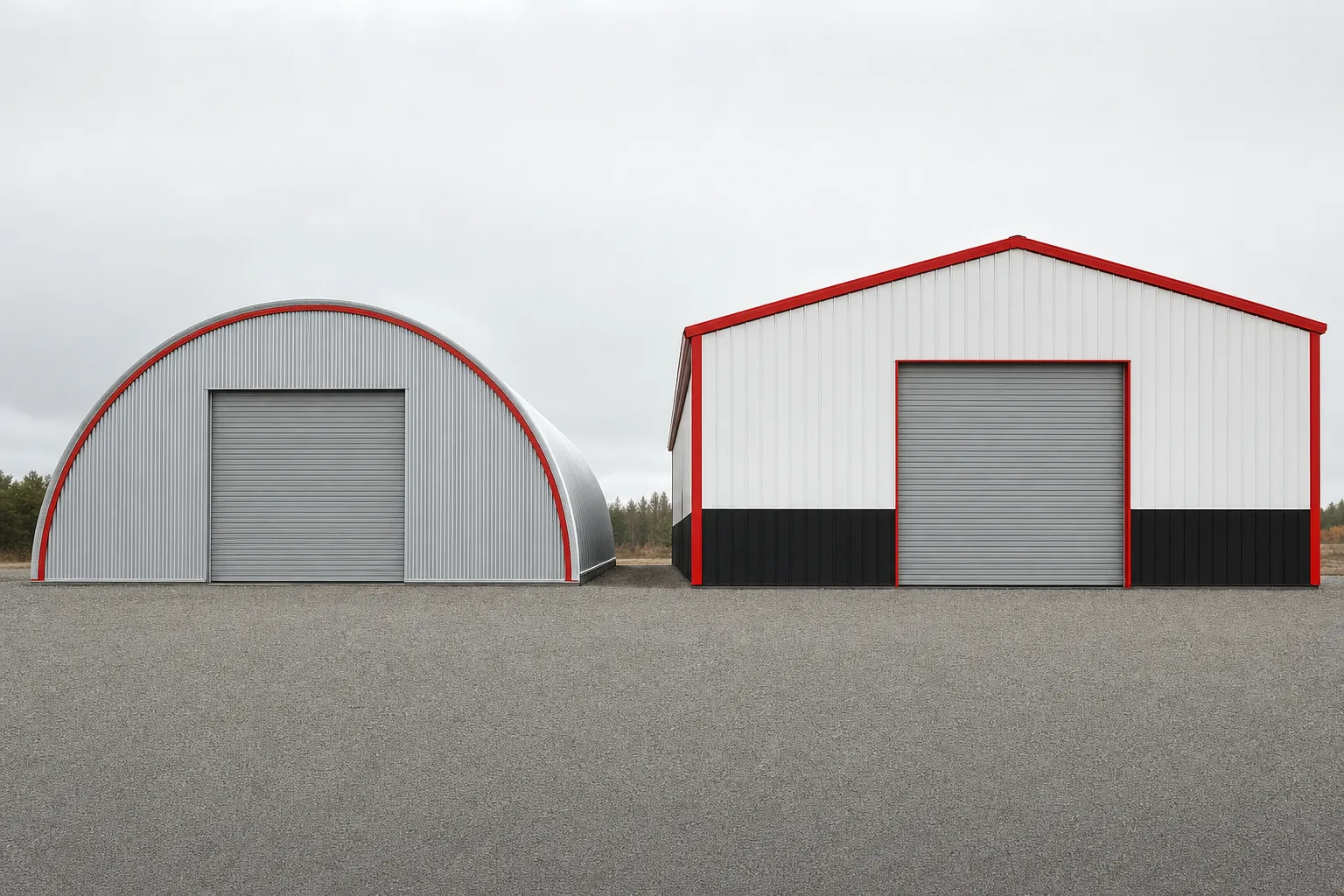A galvanized quonset arch hut beside a red iron rigid frame building on a shared gravel yard