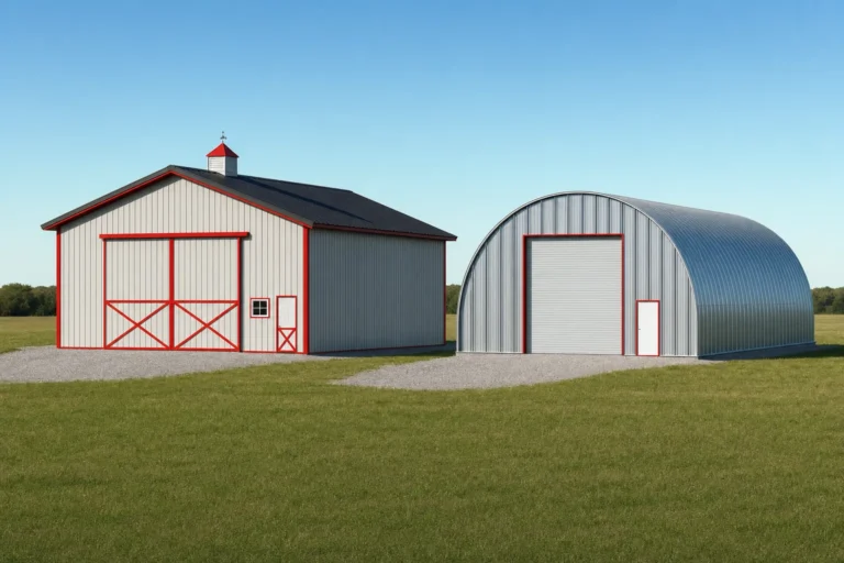 A pole barn and a steel quonset hut standing side by side on one open field for comparison