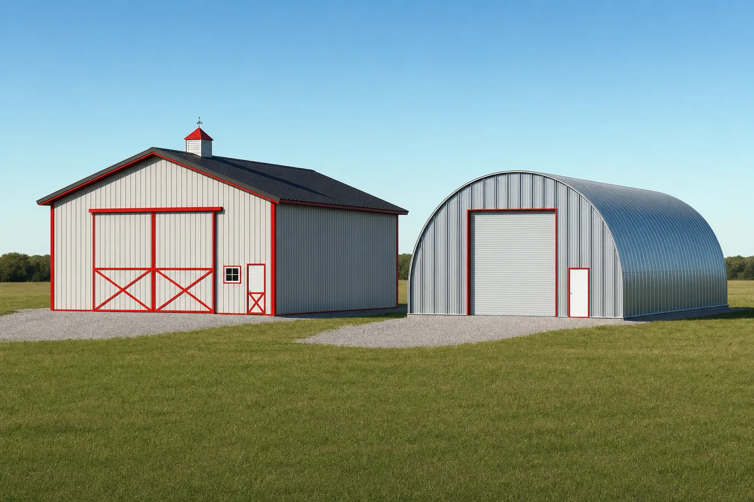 A pole barn and a steel quonset hut standing side by side on one open field for comparison