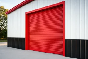 Close-up of a red roll-up door installed on a white steel building with black wainscot