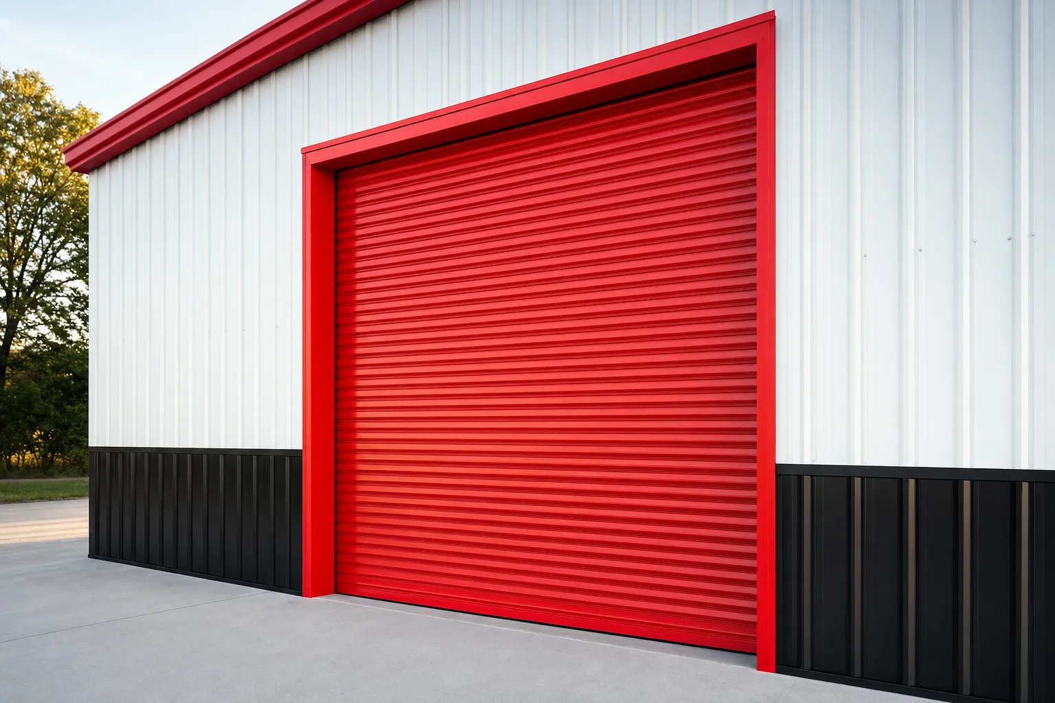 Close-up of a red roll-up door installed on a white steel building with black wainscot