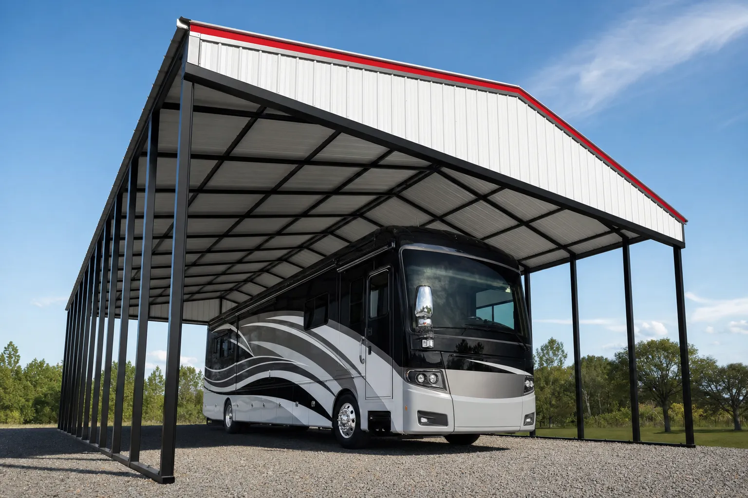 Tall-leg RV carport with a vertical roof sheltering a Class A motorhome, photographed from a low angle