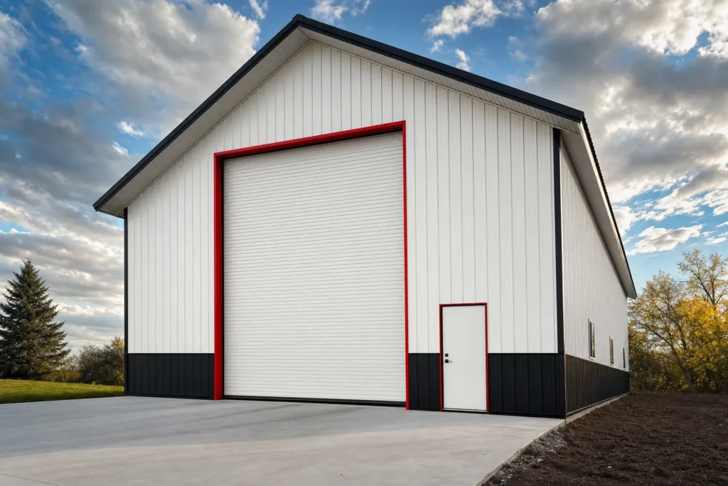 RV Garage Metal Building Cost: Clearance, Doors, Slab, and Storage 4 A tall RV garage metal building with an oversized roll-up door and high eave for motorhome storage