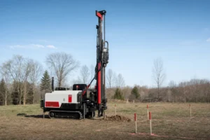 Geotechnical drill rig taking soil borings on a cleared lot before metal building construction