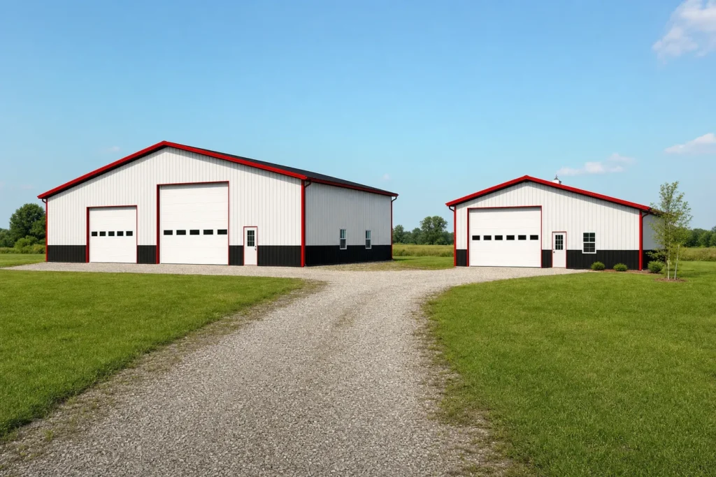 Standard Metal Building Size vs Custom Size: Which Saves More Money? 18 Two finished metal buildings of different standard sizes side by side on a rural property