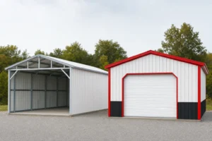 A tubular carport-style garage beside a red iron steel building on a shared gravel lot