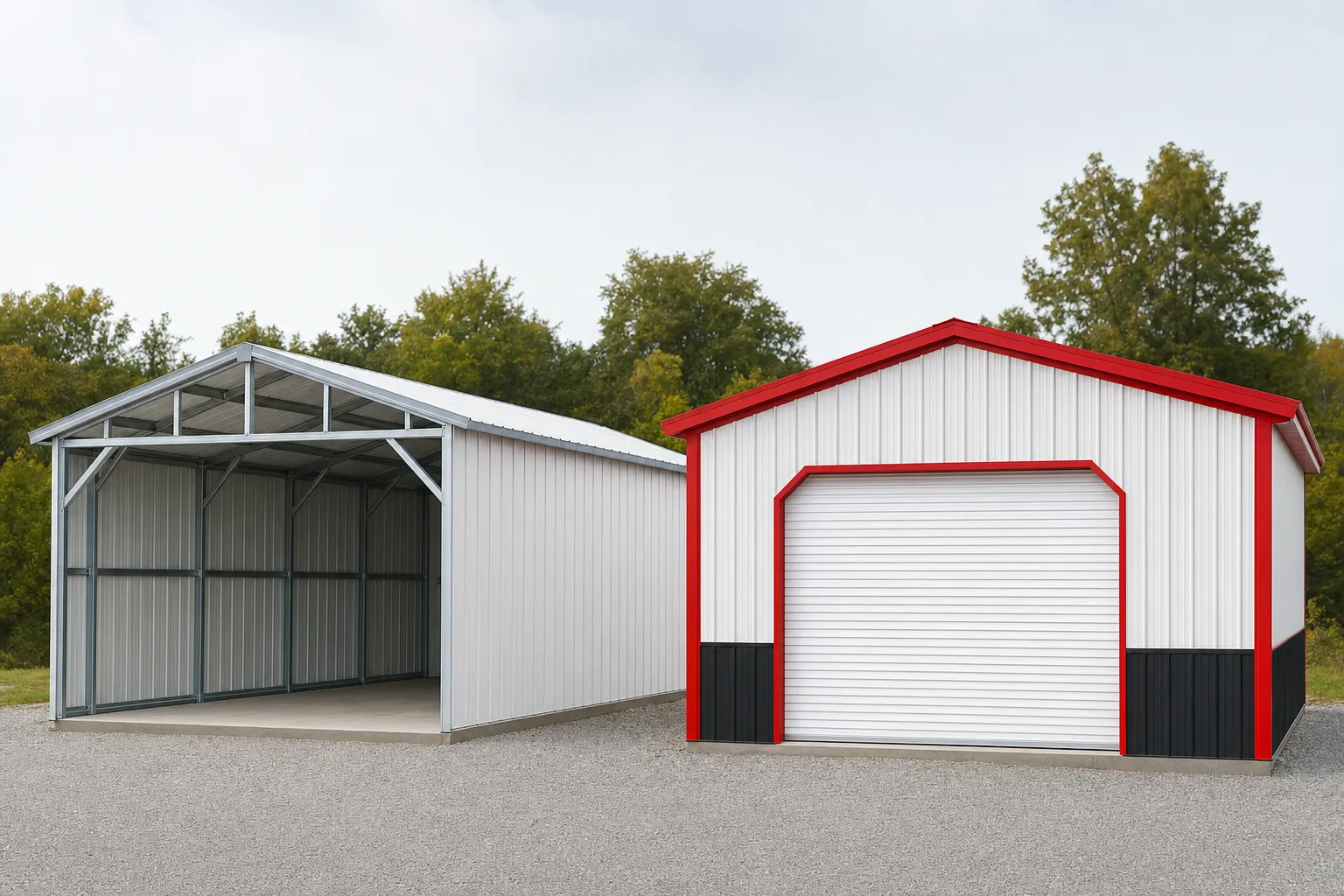 A tubular carport-style garage beside a red iron steel building on a shared gravel lot