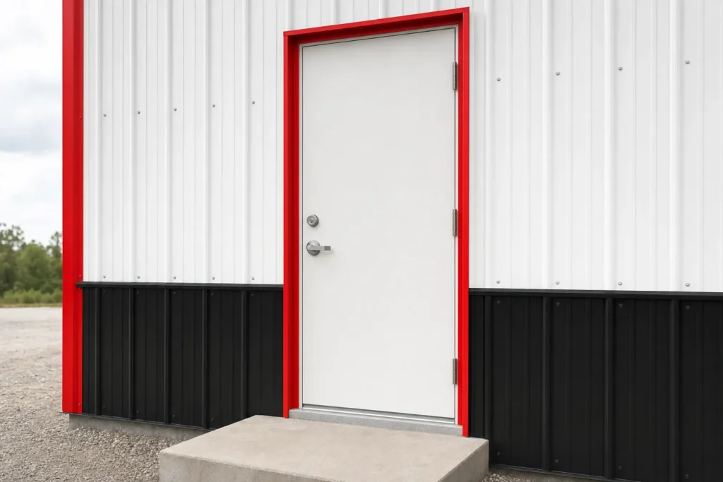 Walk Door Cost for Metal Buildings: Framed Openings and Hardware 21 Steel walk door with lever handle set in a framed opening on a white metal building