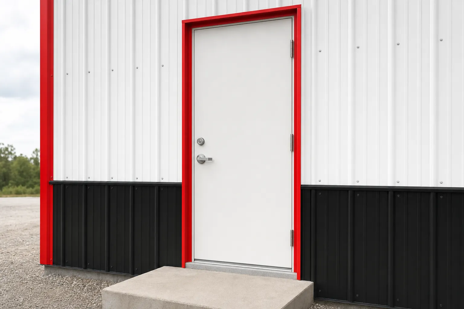 Steel walk door with lever handle set in a framed opening on a white metal building