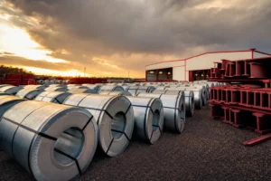 Steel coils and primed I-beams in a fabrication yard with a metal building in the background