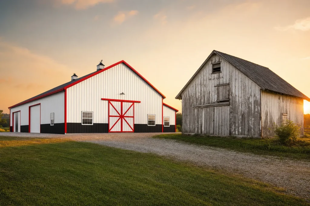When Is a Metal Building Worth the Cost? 24 New white steel building with red trim standing next to a weathered old wooden barn on the same property