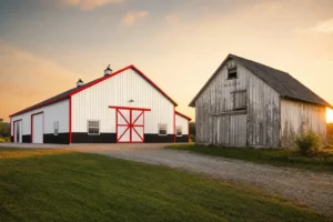 New white steel building with red trim standing next to a weathered old wooden barn on the same property