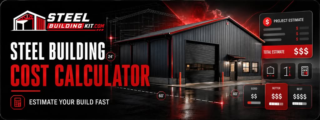 Steel building cost calculator graphic showing a metal building estimate and dimensions