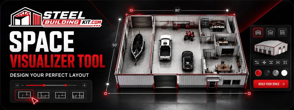 Metal building SPACE Visualizer graphic showing a customizable floor plan and building layout