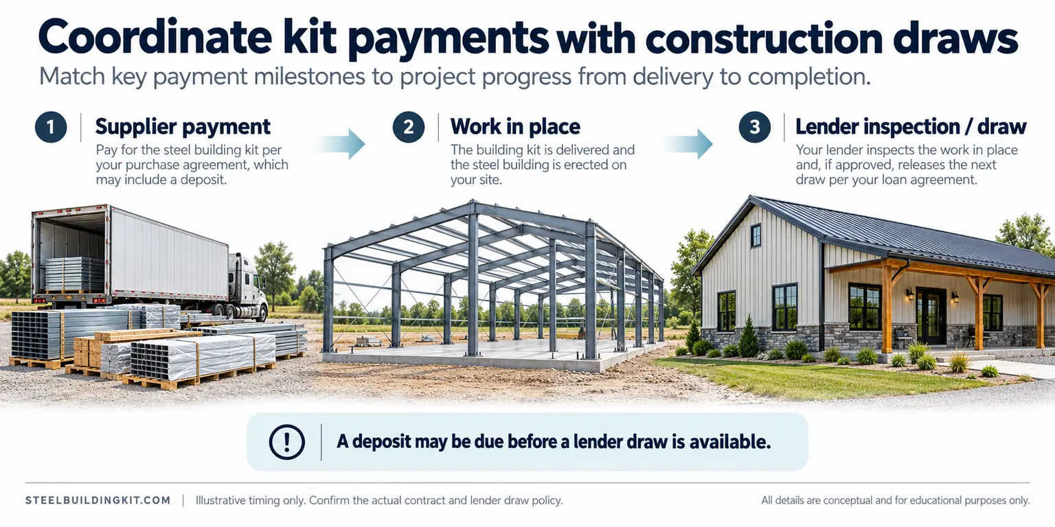 Barndominium Financing: Construction Loans, Appraisals and Draw Schedules 2 Steel kit delivery, erected frame and finished barndominium illustrate supplier payments and construction draws.