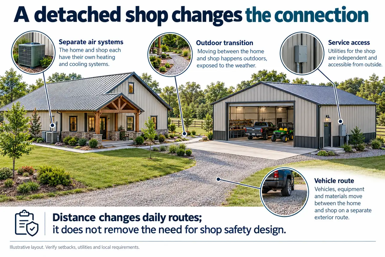 Barndominium With a Shop: Garage Separation, Fumes, Noise and Daily Layout 2 Barndominium detached shop access air systems.