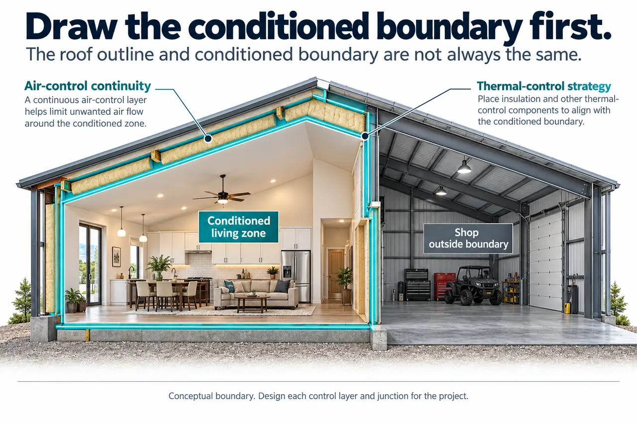 Barndominium Energy Efficiency: Envelope, Air Sealing and HVAC Coordination 1 Barndominium energy conditioned boundary.