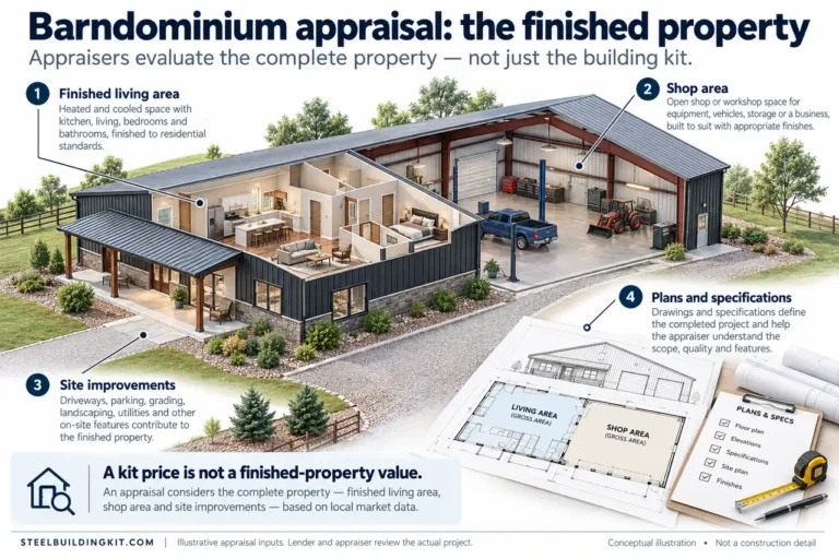 Barndominium appraisal illustration identifies finished living area, shop, site improvements and project plans.