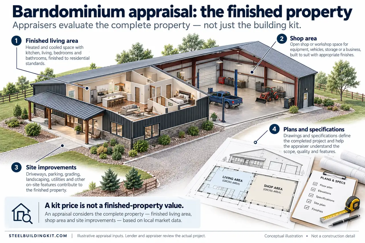 Barndominium Financing: Construction Loans, Appraisals and Draw Schedules 1 Barndominium appraisal illustration identifies finished living area, shop, site improvements and project plans.