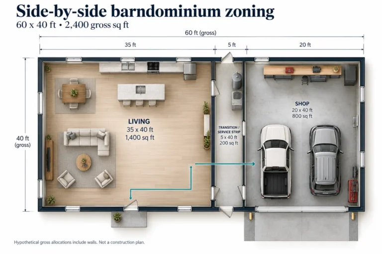 Barndominium floor plan with side-by-side living, service and shop zones.