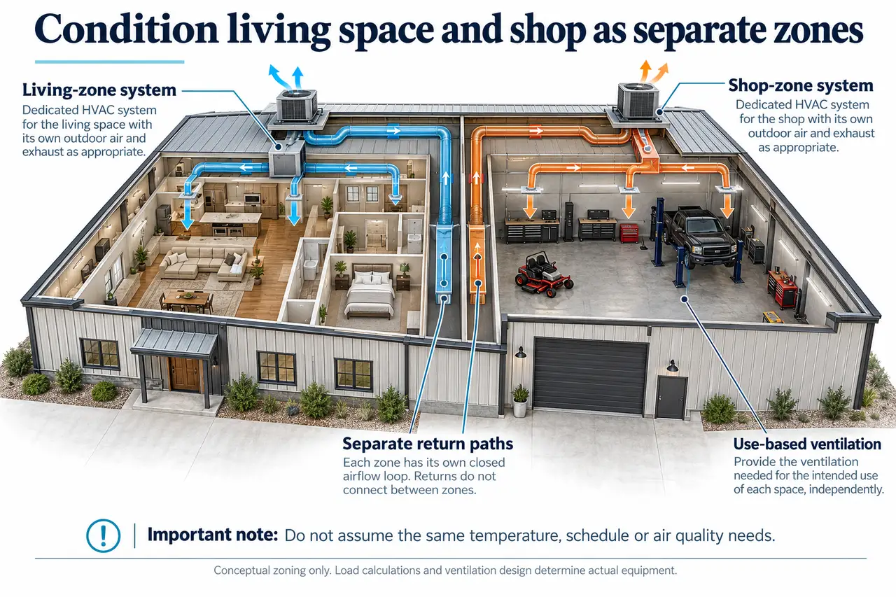 Barndominium Energy Efficiency: Envelope, Air Sealing and HVAC Coordination 2 Barndominium home shop independent hvac zones.