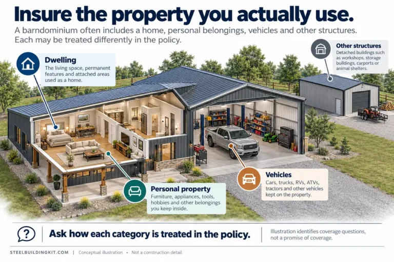 Barndominium cutaway distinguishes dwelling, movable belongings, vehicles and detached structures for insurance questions.