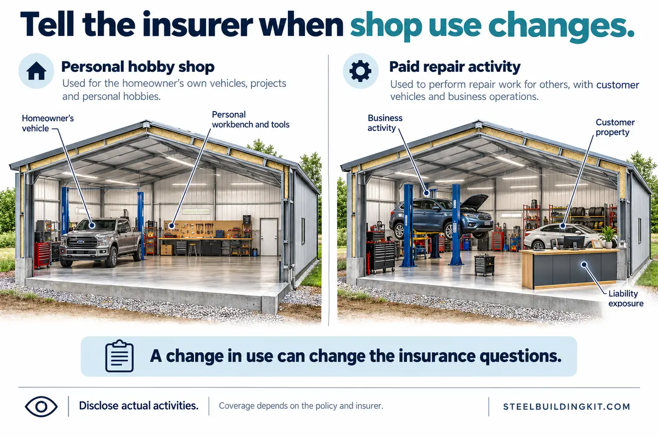 Barndominium Insurance: Construction Coverage, Homeowners Policies and Shop Use 2 Personal hobby workshop compared with a paid vehicle-repair shop to illustrate a change in use.