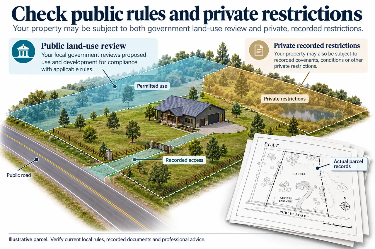 Buying Land for a Barndominium: Zoning, Access, Utilities and Buildable Area 1 Barndominium land zoning recorded restrictions.