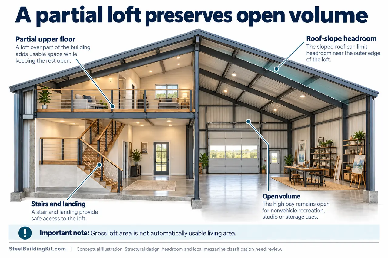Barndominium loft mezzanine usable space.
