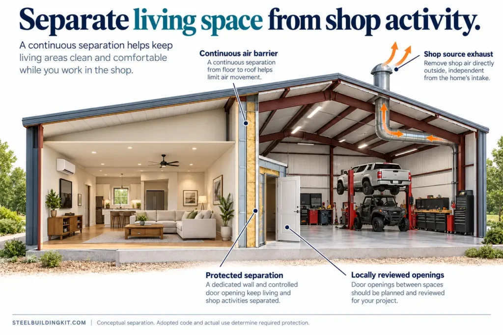 Barndominium With a Shop: Garage Separation, Fumes, Noise and Daily Layout 5 Barndominium shop living space separation.