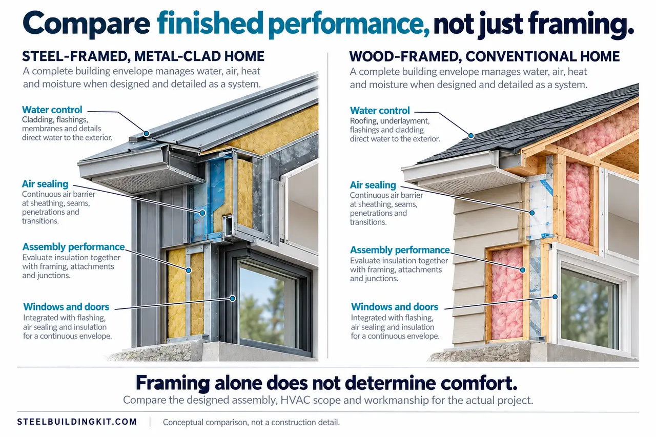 Barndominium vs House: Compare Equivalent Finished Projects 2 Steel-framed and wood-framed enclosure cutaways comparing water control, air sealing, assembly performance and openings.