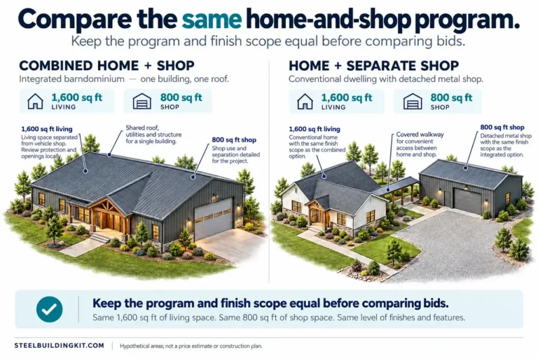 Equivalent hypothetical 1600-square-foot living and 800-square-foot shop programs in combined and separate building arrangements.