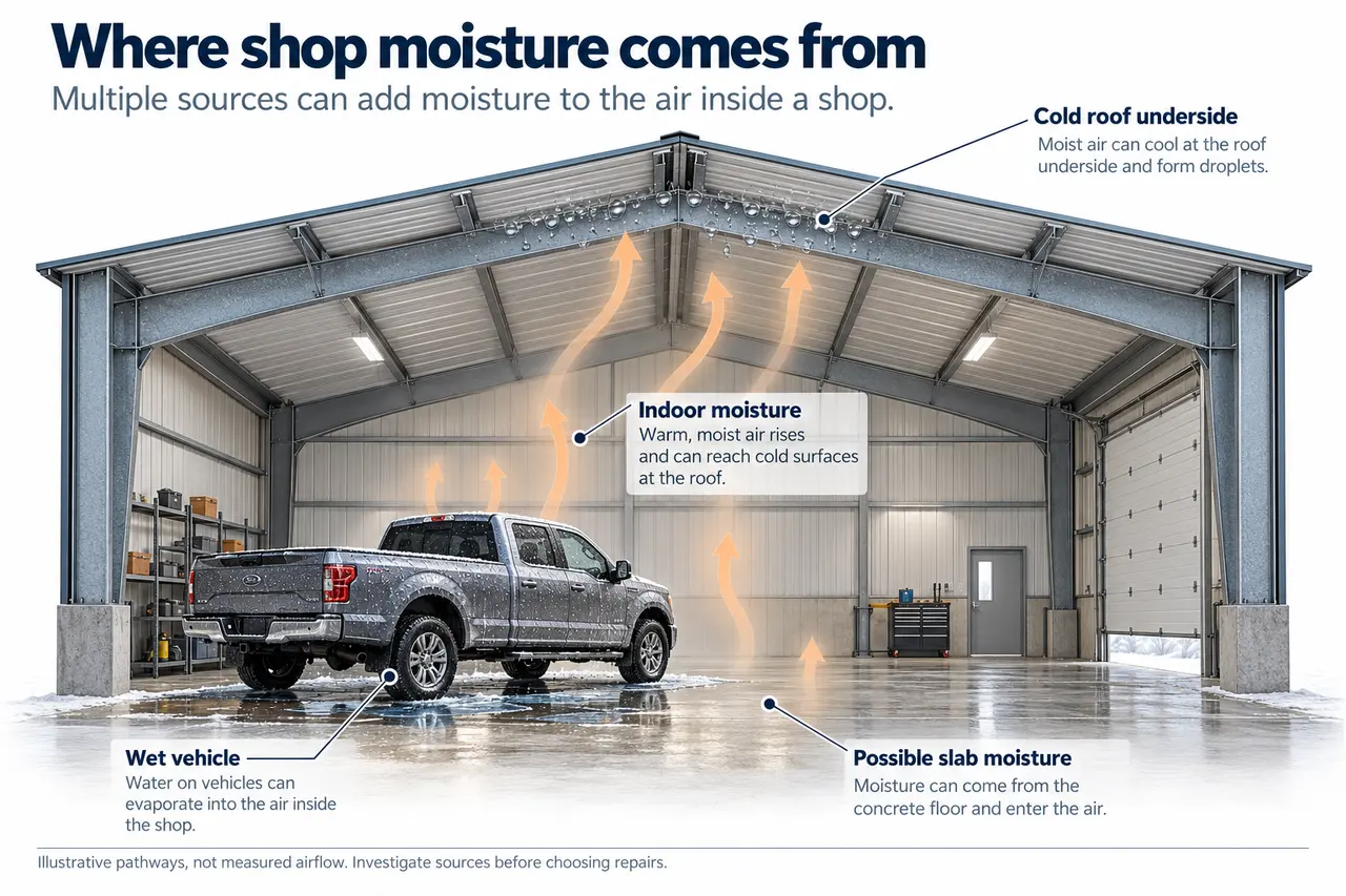Metal Building Condensation: Diagnose Roof Sweat, Leaks and Moisture Sources 2 Metal workshop cutaway identifies a wet vehicle and possible slab moisture as sources of indoor humidity.
